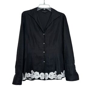 LAFAYETTE 148 NEW YORK Black Linen Embroidered Floral Button Up Blouse Sz 10